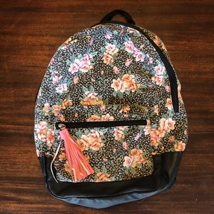 Black Floral Backpack with Pink Flowers and Pink Tassel